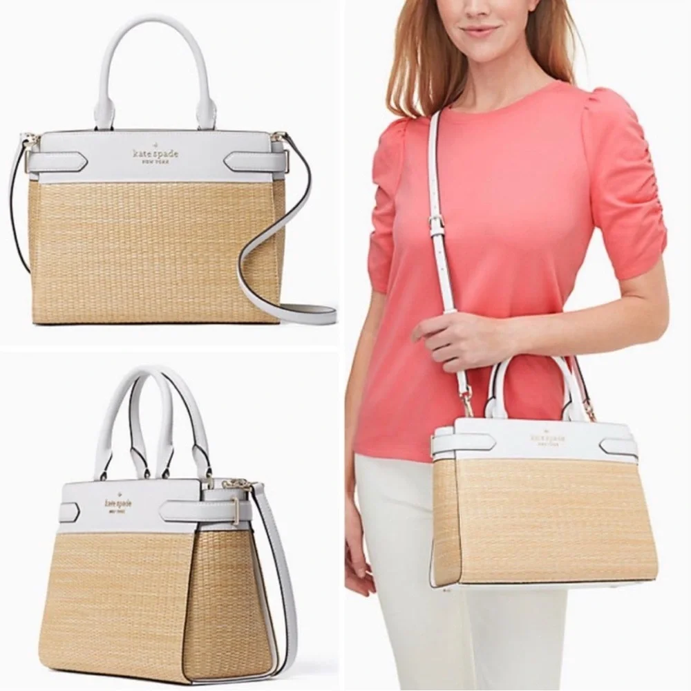 NWT Kate Spade White and Natural Woven Leather-Trim Staci Straw Satchel - Picture 2 of 5